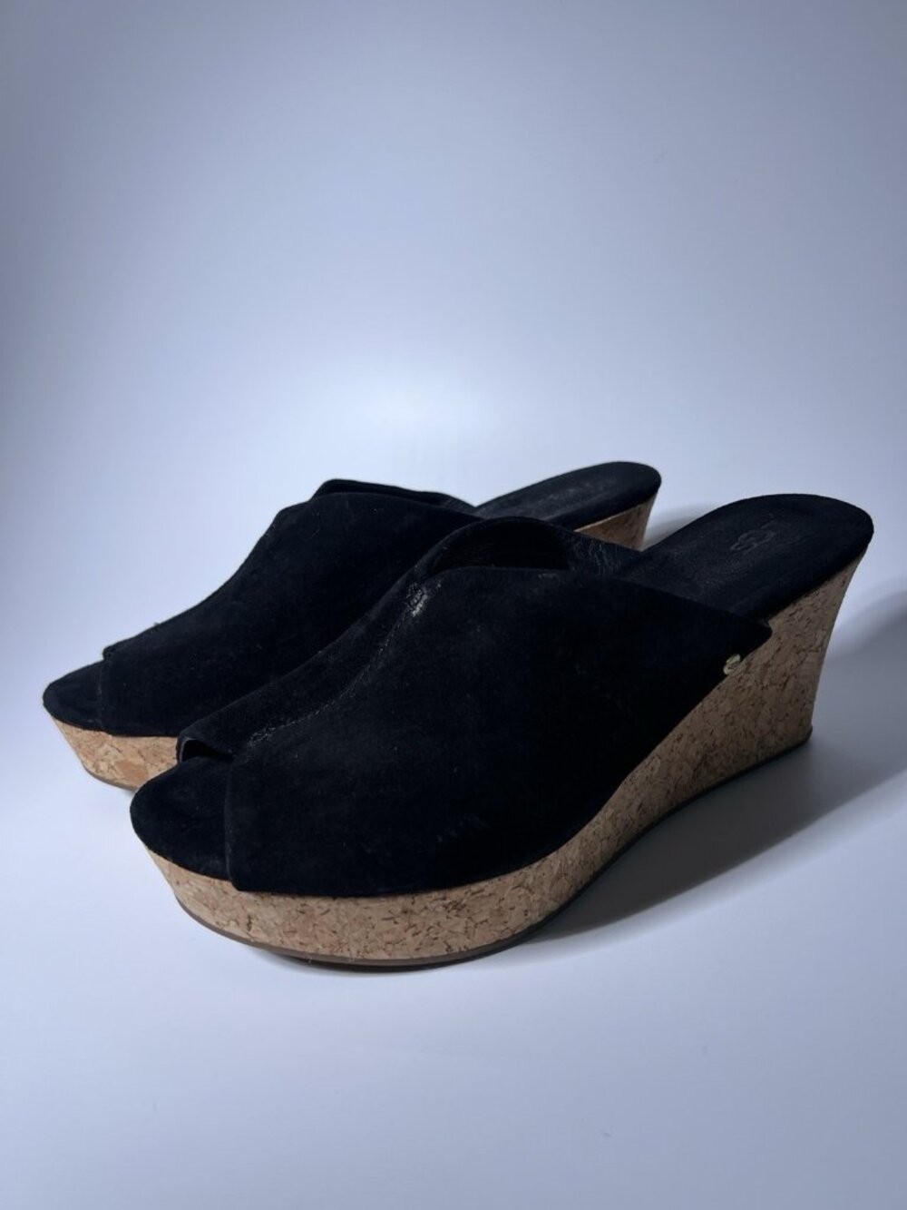 UGG Dominique Black Suede Cork Wedge Platform Slide Sandals Women’s 8.5